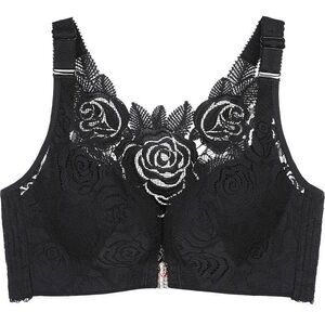 NWT Floral Secrets Black Comfort Rose Front Clasp Push Up Bra - Size DD (E)